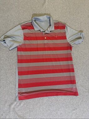 Puma Men's L Red & Gray Striped Golf Polo
